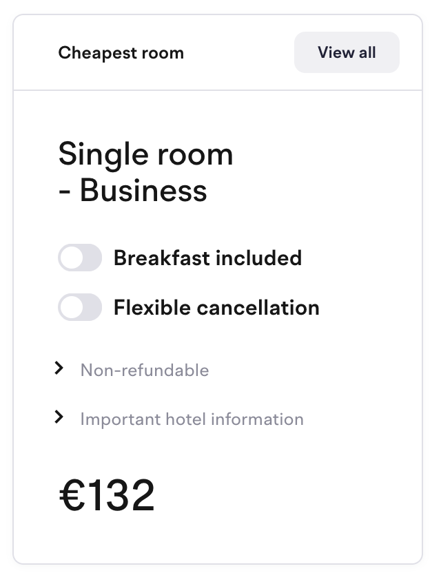 Cheapest room card showing a Single room - Business at €132, with the Breakfast included and Flexible cancellation toggles off and a View all button